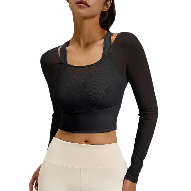 Womens Long Sleeve Mesh Overlay Workout Top With Built-in Bra Support Slim Fit Yoga Sports Tee Pilates Training