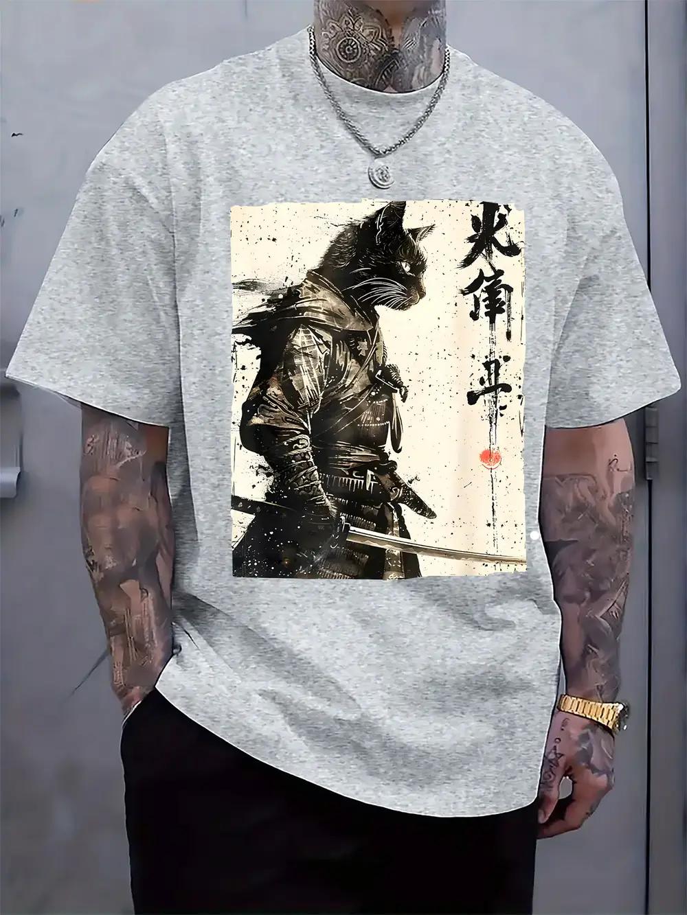 Samurai Black Cat Graphic T-shirt - Japanese Warrior Art Print XXL
