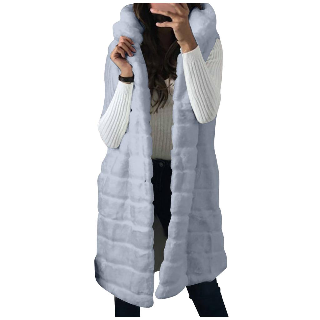 Dámská móda Plyšová vesta bez rukávů Mikina s kapucí z umělé kožešiny Top kabát Outwear