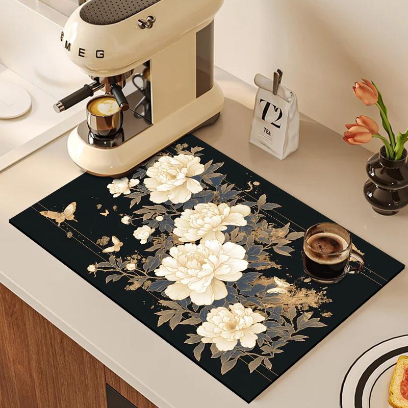 1Pcs Rubber Drying Mat With Floral  Butterfly For Coffee Shop Restaurant Kitchen Carpet Tableware Durable Diatom Mud Table Mat Pet Mat Coffeeware