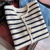 Korean Fashion Sweater Cardigan White Black Striped Knitted Sweater Women Short Cardigan Long Sleeve Cardigan Female