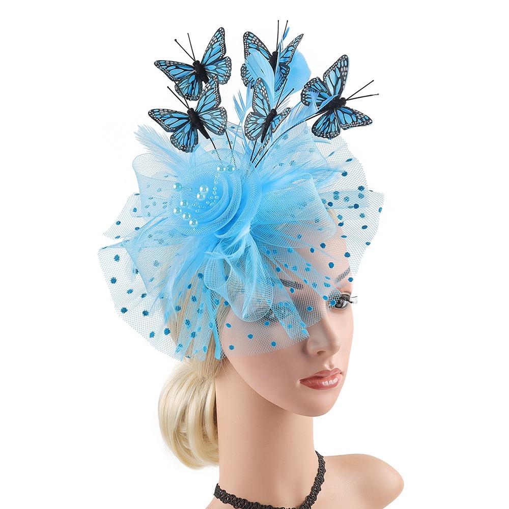 

Fashion Flower Feather Derby Hat Classic Mesh Tea Party Hats with Hair Clip Wedding Cocktail Headband for Women озеро синий