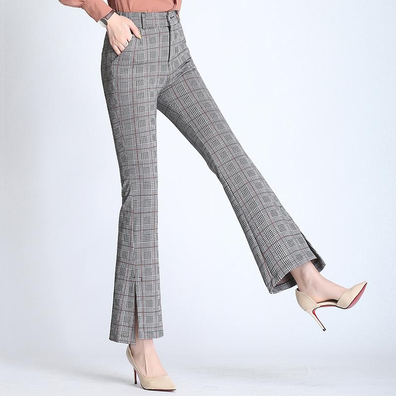 Plaid Flared Pants New Women's Nine-Quarter Pants 2026 Spring Elastic High-Waisted Slim-Fit Flared Pants with Slits