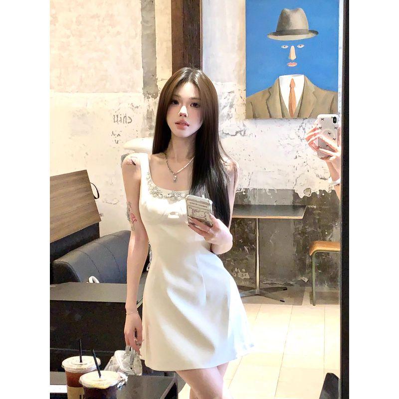 Kumikumi Gold Style Heavy Industry Diamond-Embedded Sling Dress Women Summer Temperament Chic Waist Hugging A- Line Skirt Short Dress