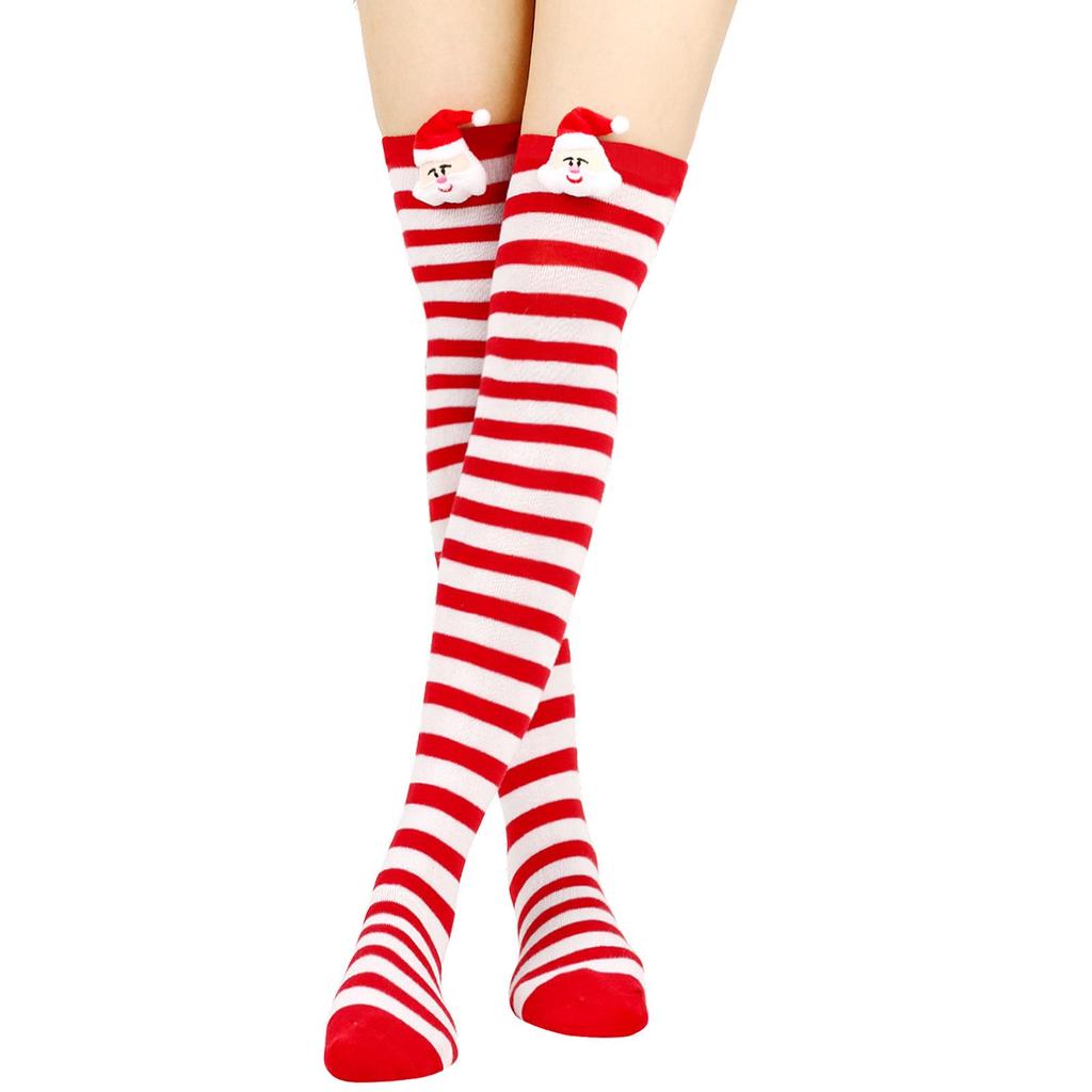 Damen Weihnachten Santa Gestreifte Overknee Lange Socken - Party Doll Design