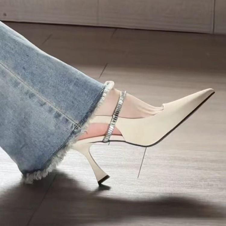 French rear strap black pointed high heels spring and summer 2025 light mouth with skirt single shoes sandals women's black