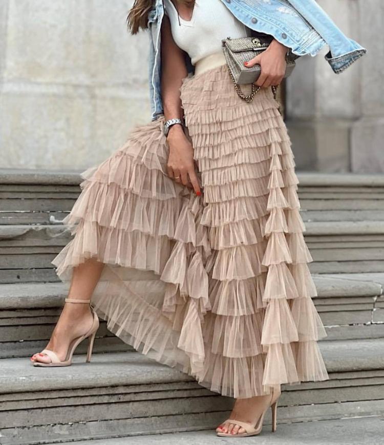 Pevná vícevrstvá volánová sukně ze síťoviny dámské boho vysoký pas dlouhá maxi tylová sukně jaro léto párty dámské oblečení