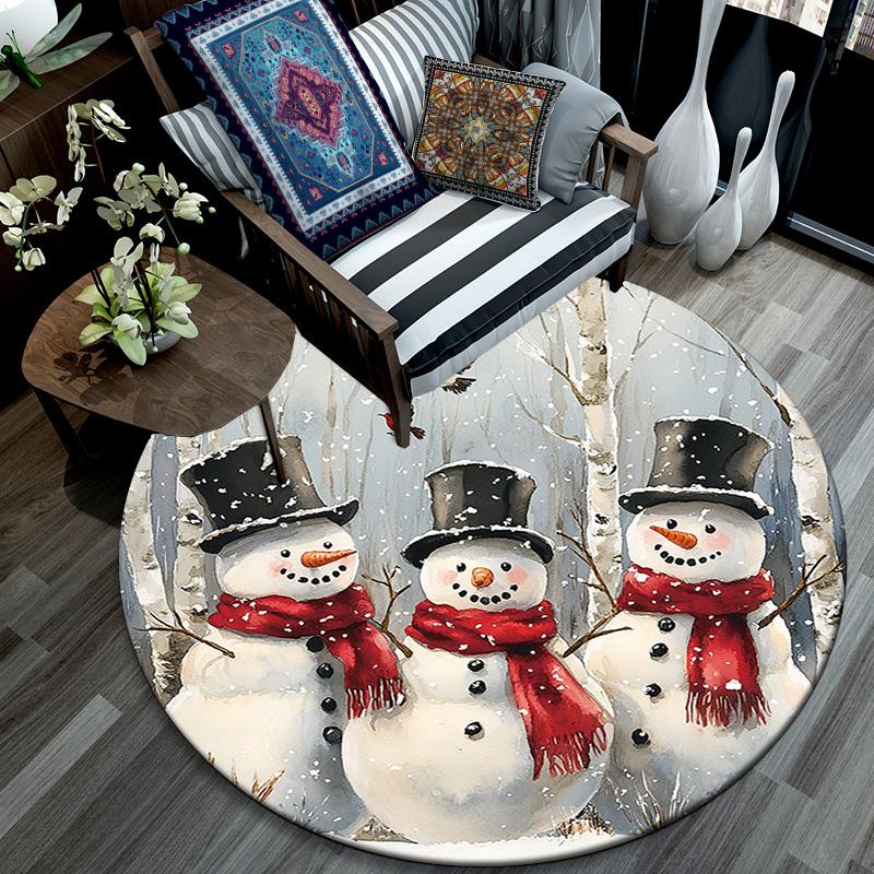 Forest Snowman Round Area Rug,Carpet Rug for Living Room Bedroom Sofa Playroom Decor,Non-slip Floor Mat
