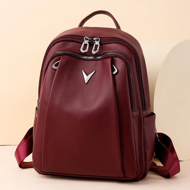 Leather Backpack Women's Solid Color Large Capacity Travel Backpack