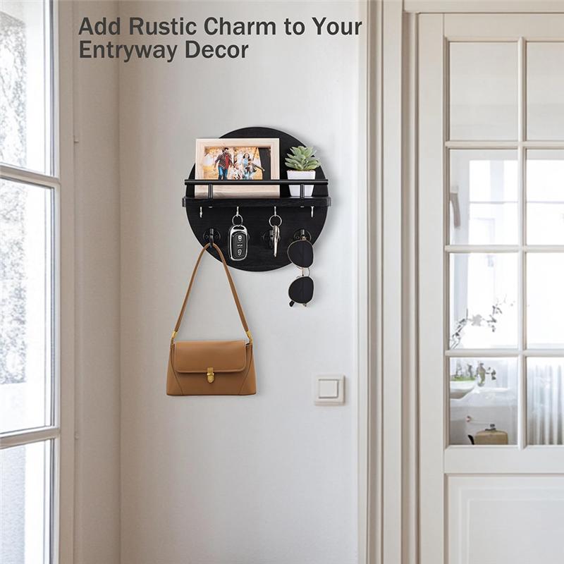 Decorative Wooden Key Hanger With Shelf-Key Holder For Wall Mount-Racks And Organizer Hooks-For Wall And Home Decor Black