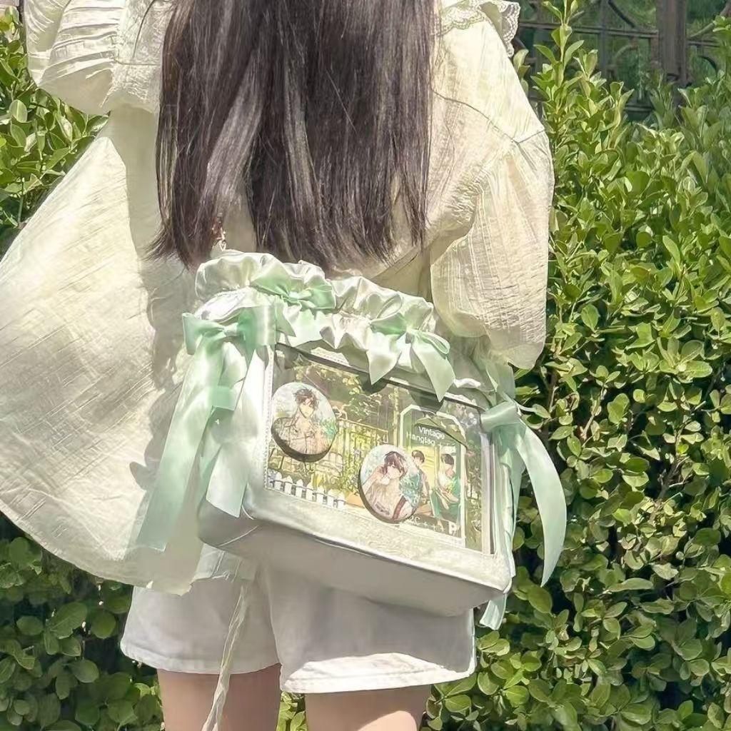 New Y2K Ribbon Bow Ita Crossbody Bag Sweet Girls Transparent Large Capacity Shoulder Bag DIY Display Handbag Lady Satin Tote Bag