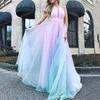 European and American Women's Gradient Deep V Evening Gown - Sexy  Long Dress with Waist-Gathering Swing Design.