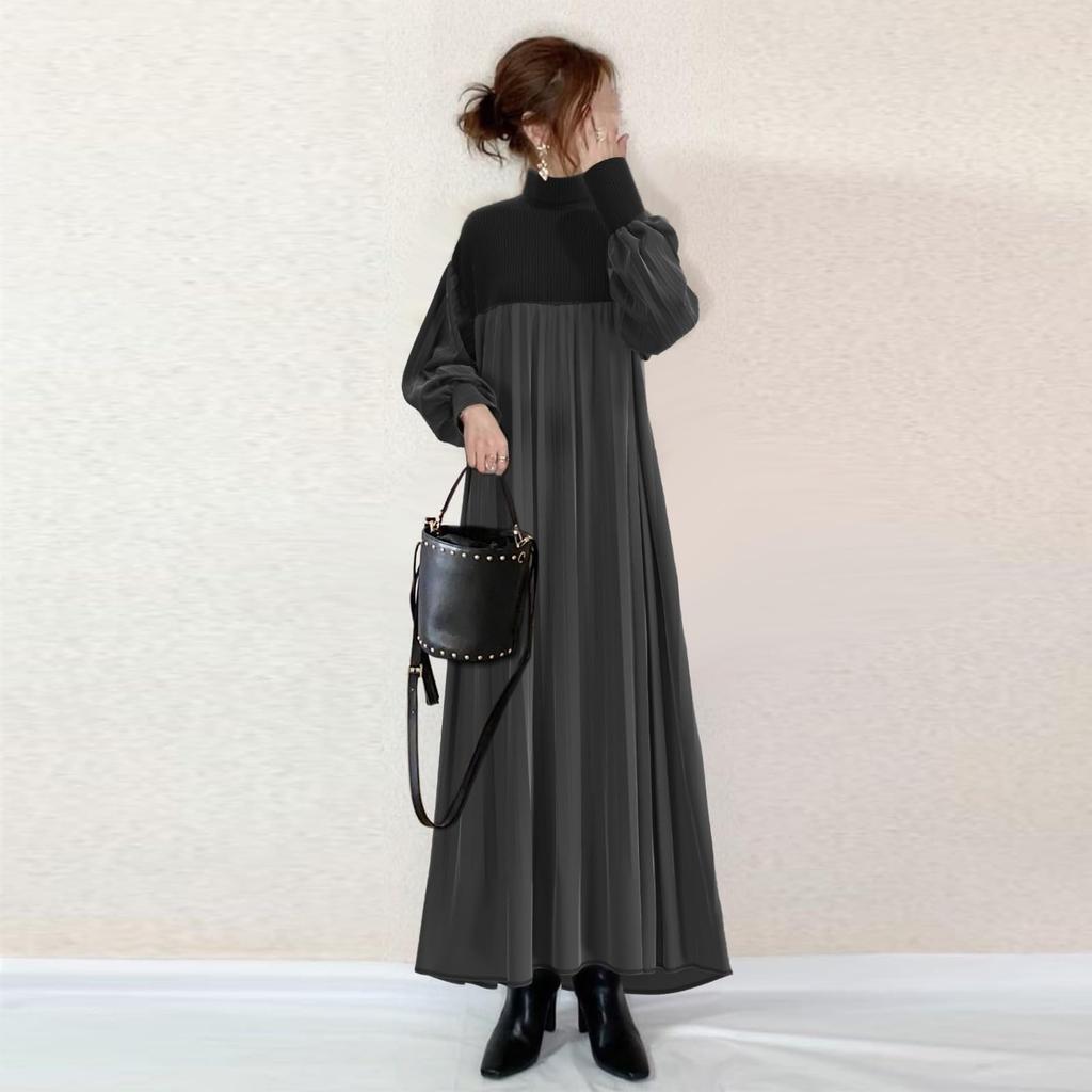 TOWYYO Docking Long Sleeve Dress with High Cute Loose Suitable for Women in Their and and Winter Women's Neck, Ruffles, Casual, Elegant, Fit,