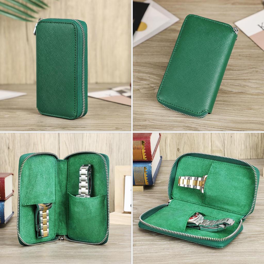 Handmade Genuine Leather 2 Slots Watch Case for Women Zipper Men Watch Storage Pouch Watch Collection Display Box Travel Watch Bags