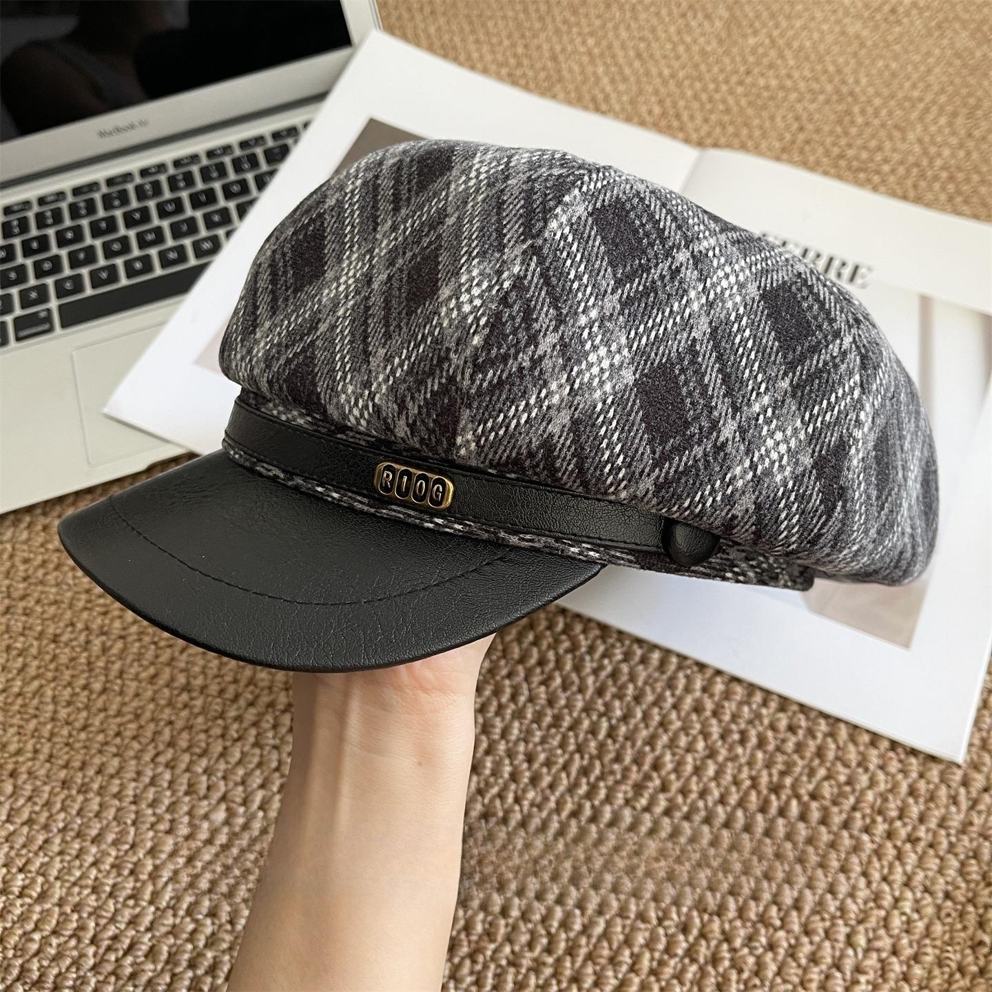 Новый осенне-зимний шерстяной клетчатый ретро-берет женский, модный, с темпераментом, универсальный, восьмиугольный M（56-58cm）