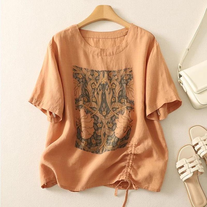 Cotton Short Sleeve T-Shirt Women Summer Hemp Printed Drawstring Loose Casual Round Neck Pullover Tops