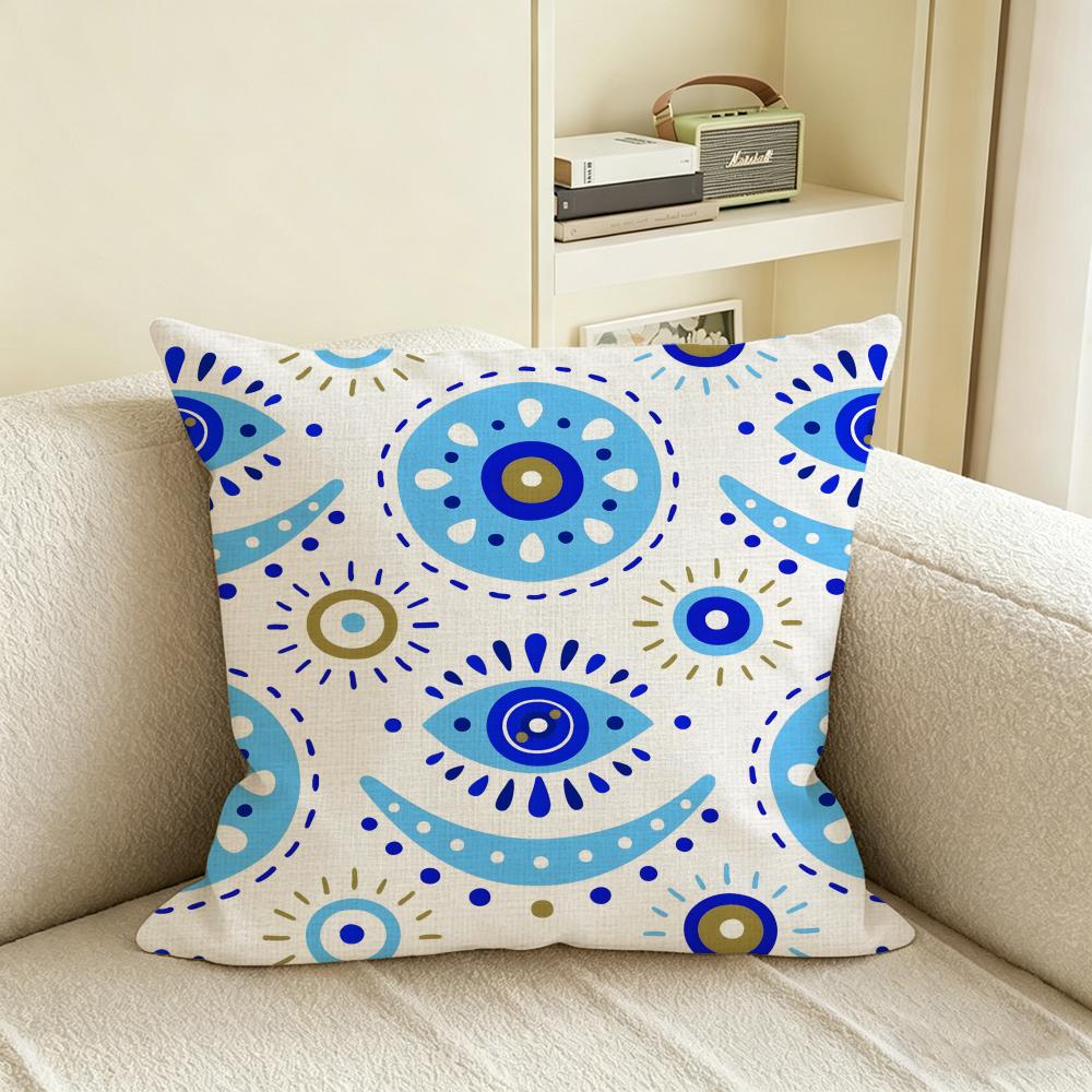 L-Lucky Evil Eye Cushion Cover Natural Linen Pillowcase Set, All-In-One Decor For Sofa, Bedroom & Chair