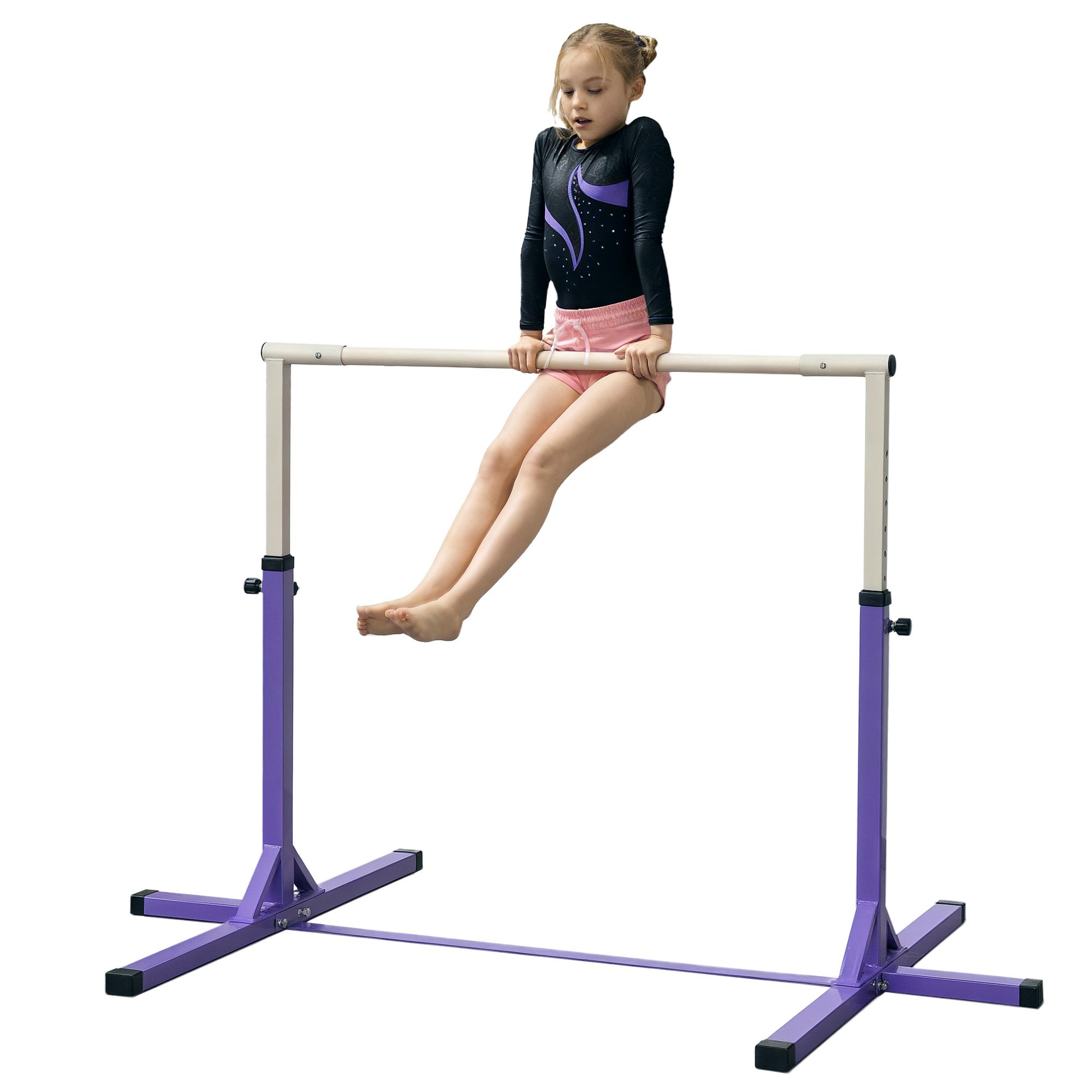 Bară de gimnastică reglabilă pentru copii, Oțel și Lemn de Fag, Înălțime 92-150 cm, Violet