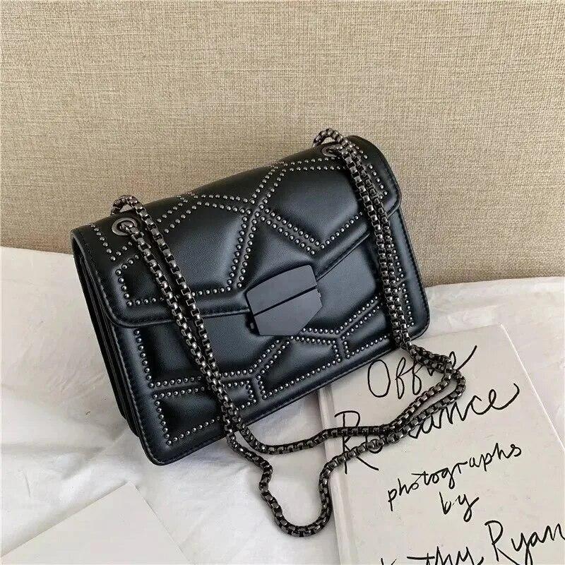 Vintage Rivet Chain Small Shoulder Bags For Women Flap PU Leather Fashion Small Square Crossbody Bag  Handbag