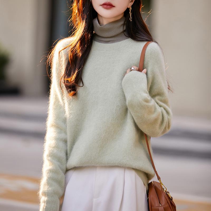 Women's Seamless Cashmere Wool Blend Crew Neck Sweater - Brushed Knit One-Piece Base Layer for Fall/Winter