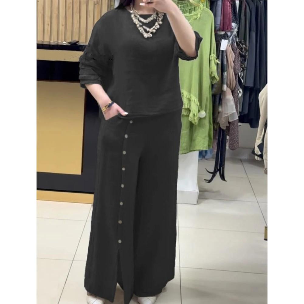 

Fashion Button Slit Wide Leg Pants Woman Suit Summer Casual Retro Cotton Linen Short Sleeve O Neck Loose Pants 2 Pieces Women s 5XL чорний