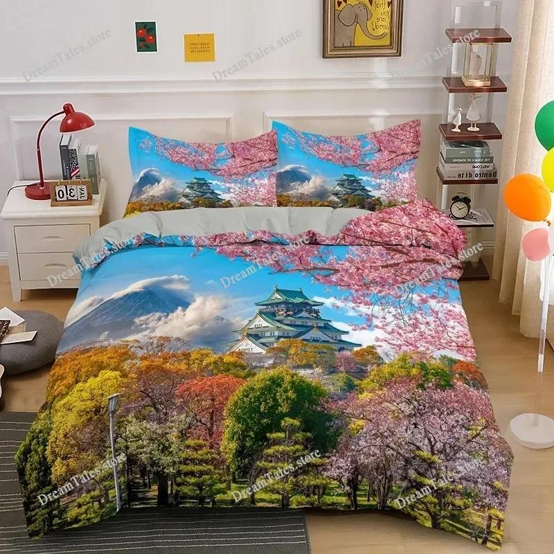 Duvet Cover Set Plum Blossom King Pink Flower Quilt Cover for Girls Microfiber Branches Printed Japanese Ink Style Bedding Set