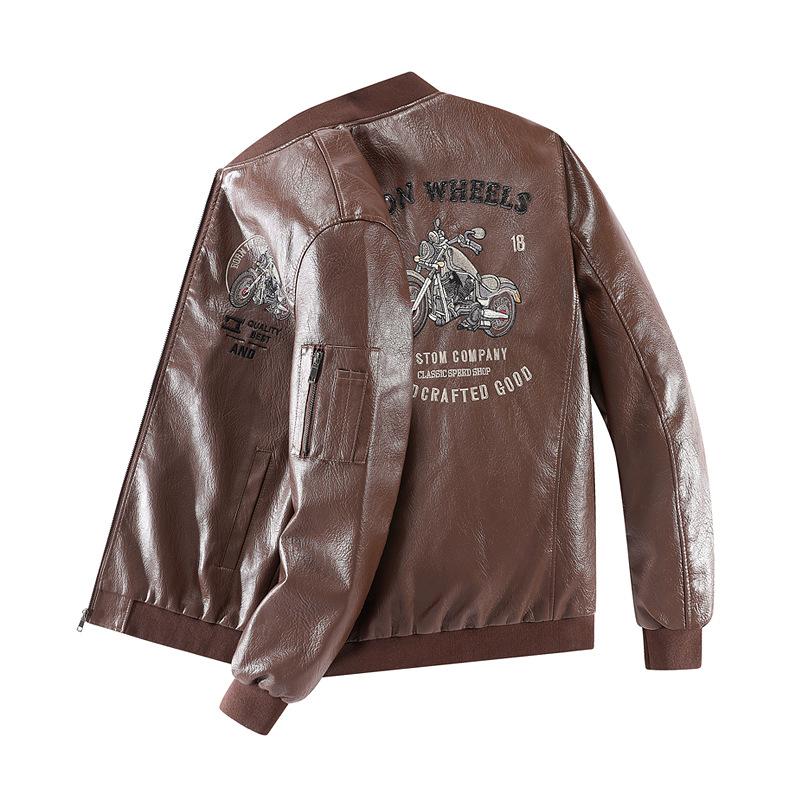 Locomotive Embroidery Men's Leather Jacket Large Size Soft Leather Baseball Collar Fleece Casual Loose Versatile Trendy Leather Jacket