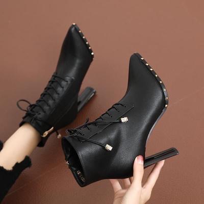 Pointed Rivet Lace-up High-heeled Short Boots Women's 2025 New Side Zipper Thick Heel Thin Boots Martin Boots Ins Tide
