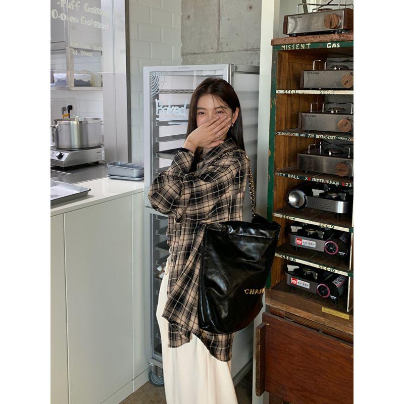 

Halo Luu Coffee Color Plaid Shirt Women s Summer Thin Top Loose and Lazy Style Retro Outwear Sun Protection Shirt