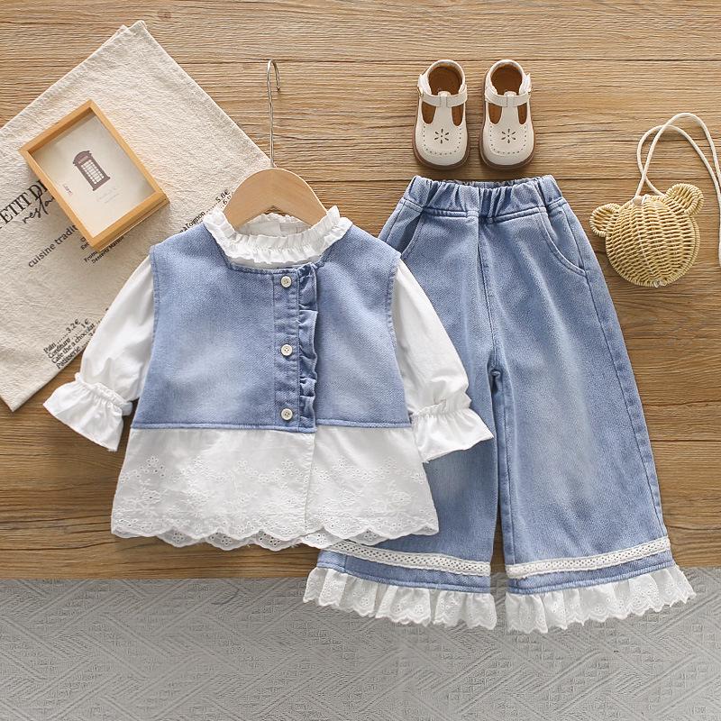 Girls' Stylish Faux Two-Piece Denim Suit: Lace Trim Top & Wide-Leg Pants Set for Spring & Autumn