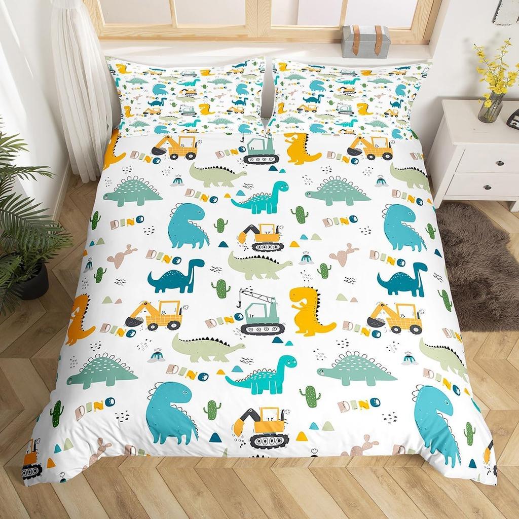 Dinosaur Duvet Cover Set Queen Twin Size,3Pcs Cartoon Dino Print Bedding Set for Kids Boys Room,Soft Microfiber Comforter Cover
