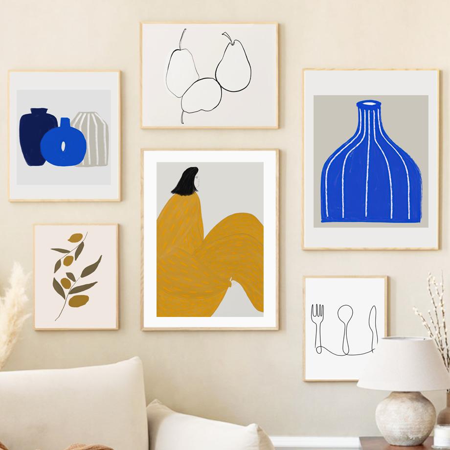 Pears Oranges Fruit Leaves Cutlery Vase Wall Art Canvas Prints Painting Line Posters Girl Figure Pictures For Living Room Decor