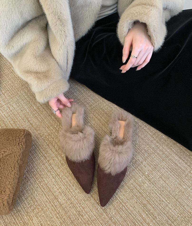 2025 Autumn and Winter New Pointed Head Thin Heel European and American Fashion High Heel Fine Heel Slippers Bag Head Empty Women's Shoes