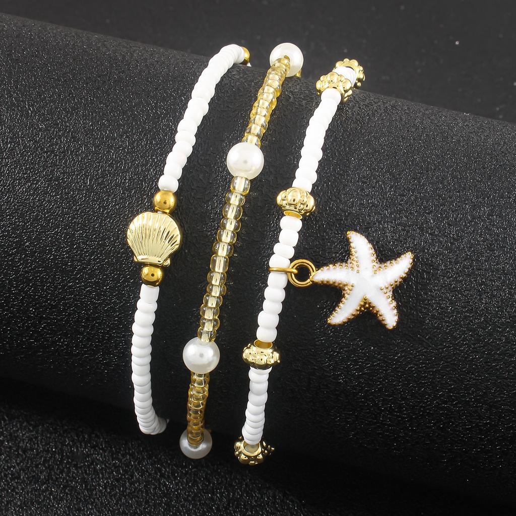 Summer Bohemian Triple Layered Ankle Chain Fashion Starfish Shell Pendant Handmade Seed Beads Women's Beach Party Foot Zircon
