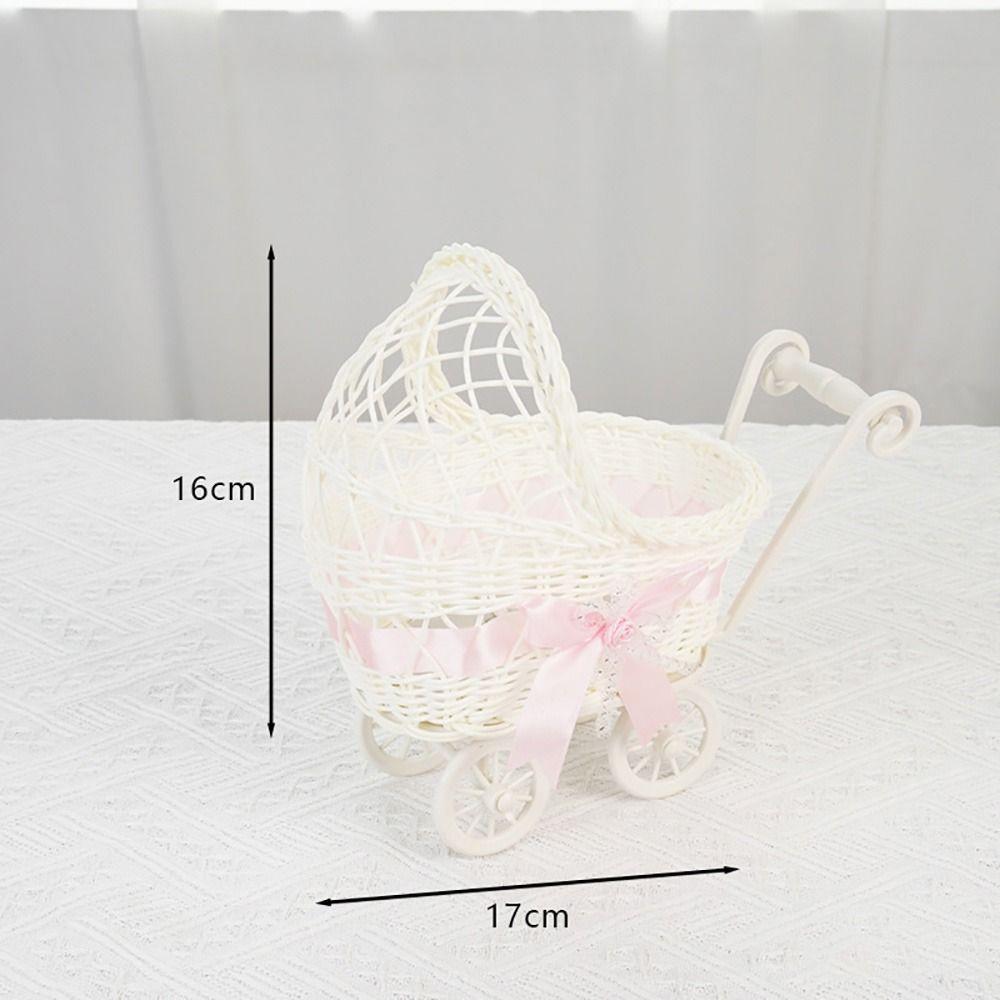 Multicolor Trolley Cart Storage Basket Plastic Weave Pattern Organization Basket Bowknot Oval Shape Desktop Ornament