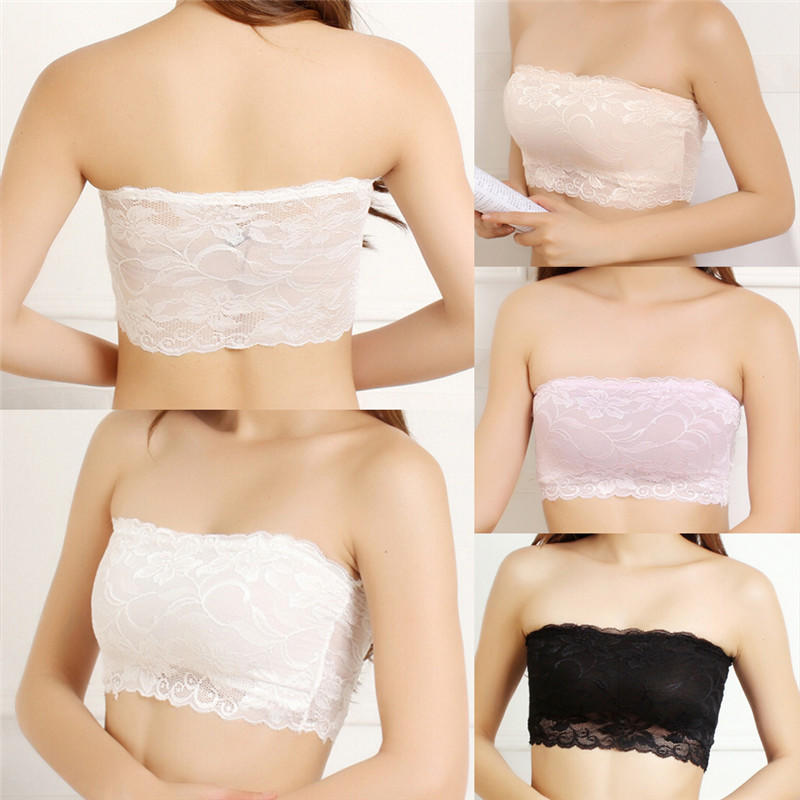 Ladies Sexy Lace Stretch Boob Tube Top Bandeau Strapless Padded Bra Elegant