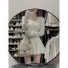 Women's Spring White Knit V-Neck Sweater Dress - Slimming Waist Short Skirt