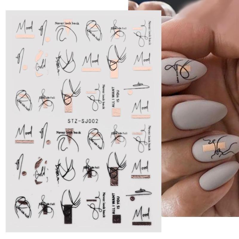 Graffiti Strips Nail Stickers for Women Nail Art Decorations Rose Gold Abstract Line Spring 3D Slider for Manicure Polish Tattoo