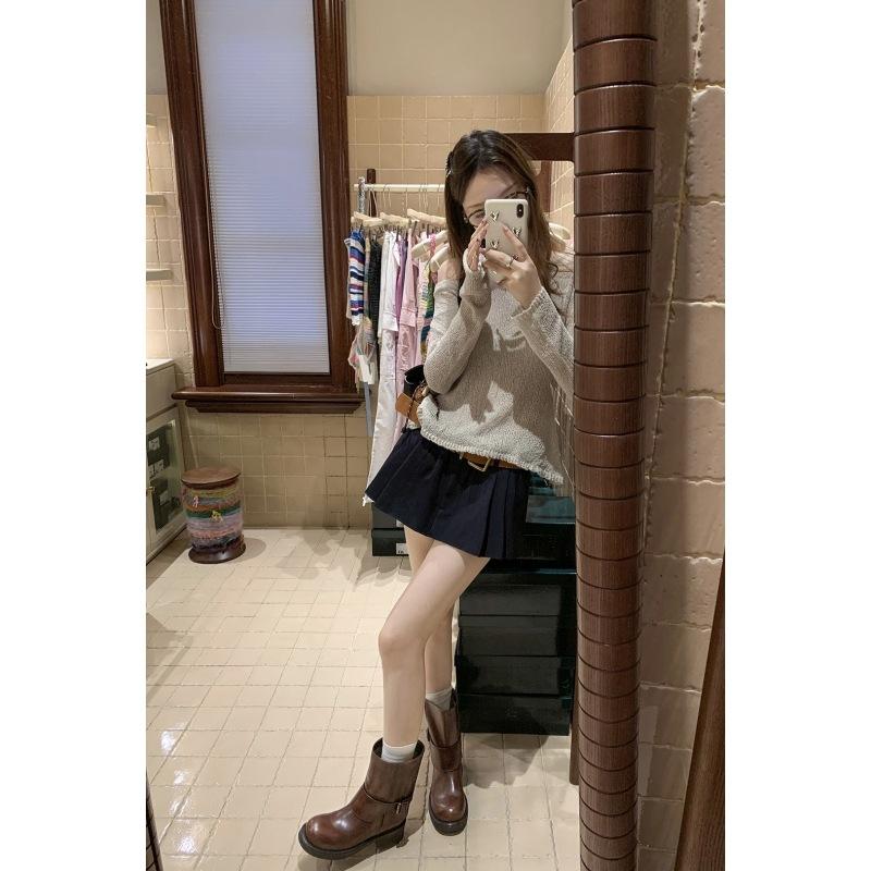 Cowhide version~ Grape mother same retro and old thick heel straight Martin boots female western cowboy boots knight boots