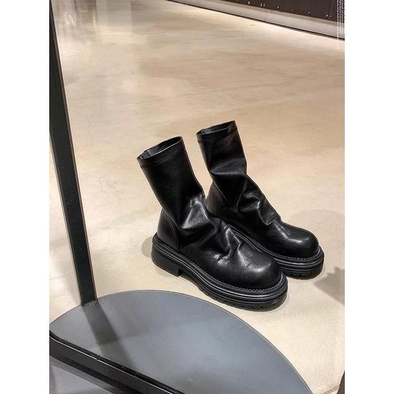 Round Head Pleated Thick Heel Elastic Stack Short Boots Women'S Autumn Versatile After Zipper Thin Boots