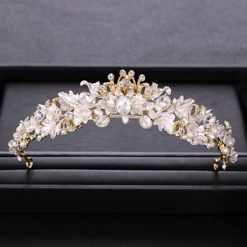 Trendy Rhinestone Pearl Crystal Crown Headband Flower Bride Hair Accessories Gold Crown Bride Wedding Crown Hair Accessories