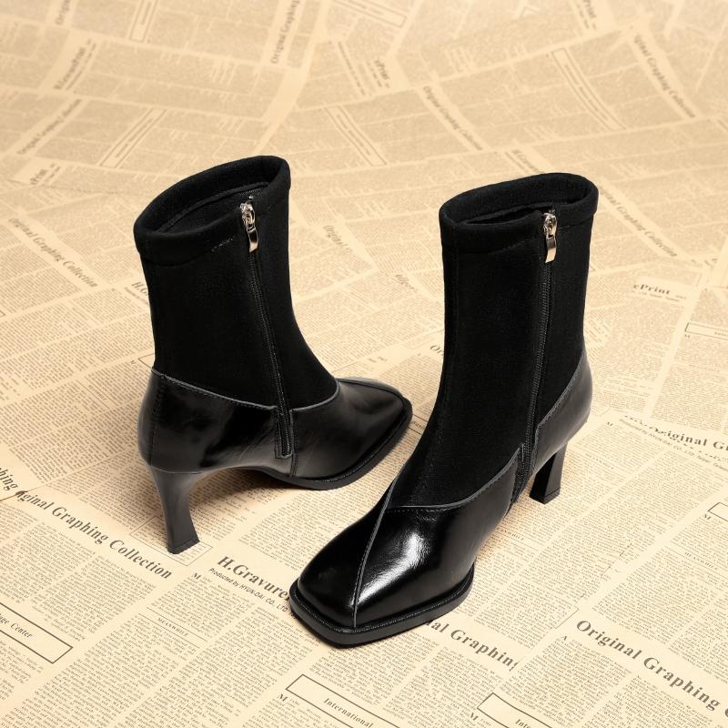 Autumn and Winter New Rock Leather Short Boots for Women, French Luxury Mid Length Slim Boots, High-heeled Women's Boots, Shoes