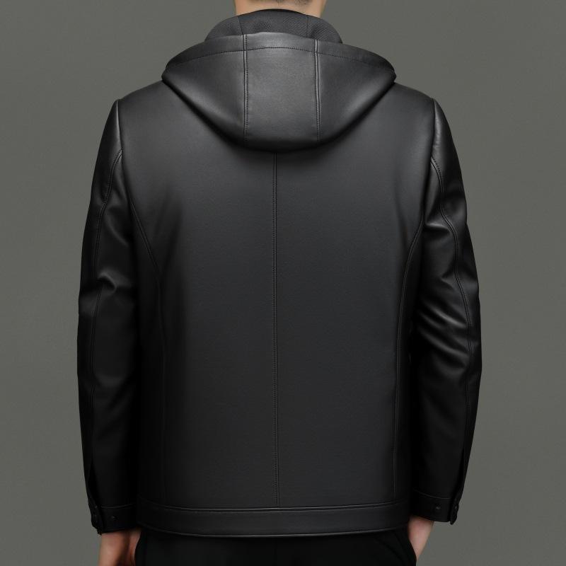 Νέο χειμερινό δερμάτινο μπουφάν με γέμιση πούπουλα προβάτου μεσήλικων, γνήσιο δερμάτινο μπουφάν, ανδρικό αποσπώμενο δερμάτινο μπουφάν με κουκούλα, δερμάτινο μπουφάν με γέμιση πούπουλα πάπιας