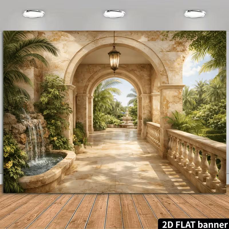 2D Mediterranean Stone Archway Backdrop, Tropical Villa Banner