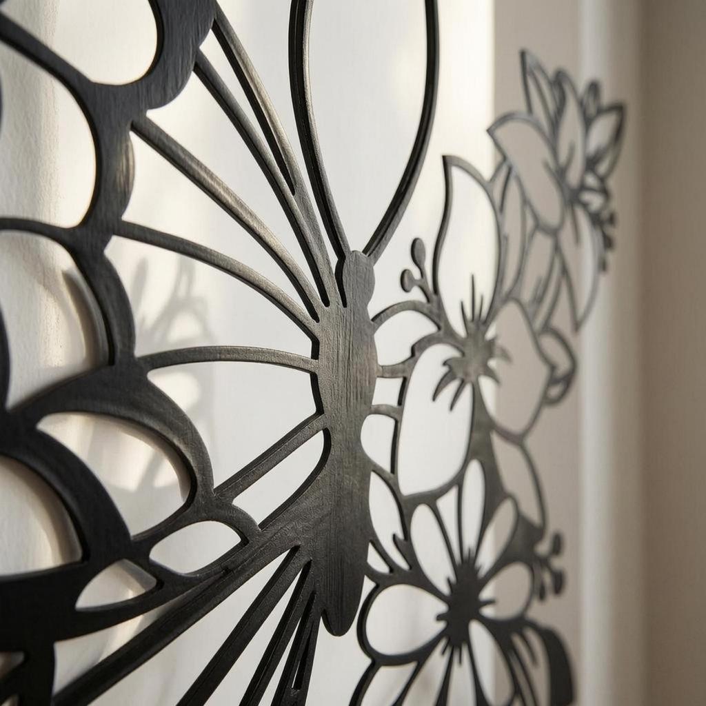 Metal Lepidoptera Wall Art Openwork Butterfly Floral Decor Cutout Black