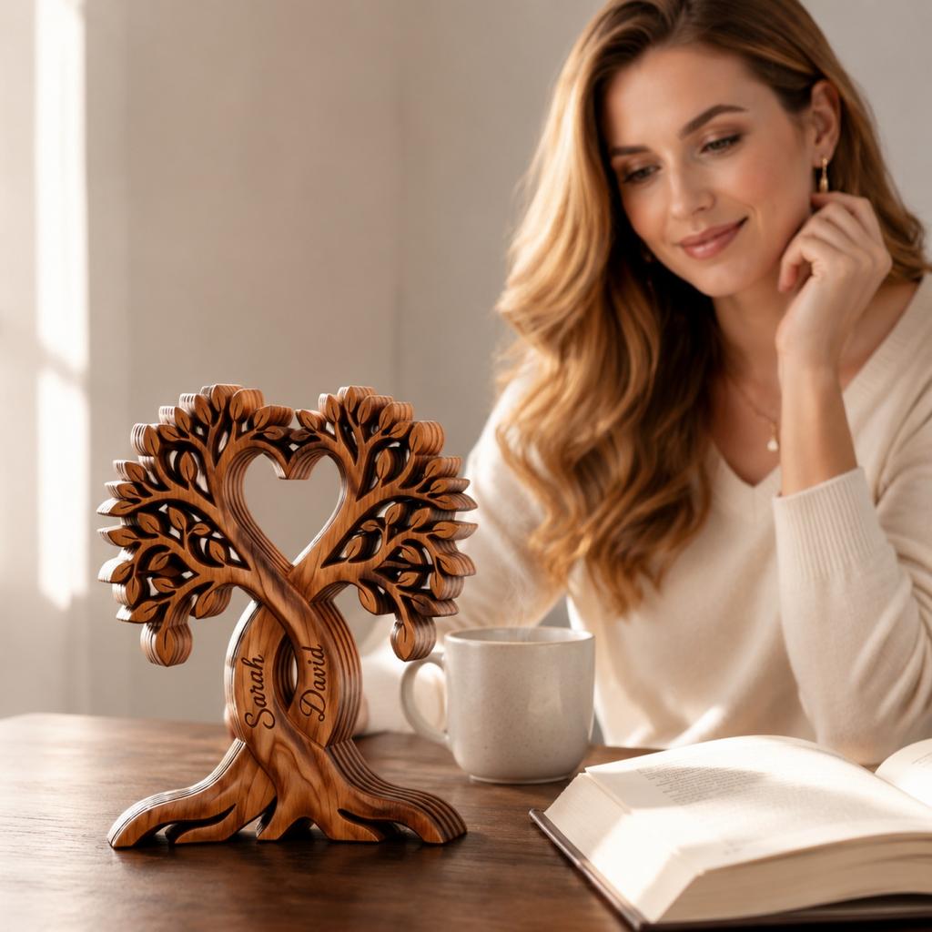 Personalisierte Holzbaumskulptur Herzform Paar Geschenk Individuell Gravierte Namen Holzdeko für Zuhause Büro