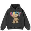 Streetwear Bear Graphic Side Pockets Pullover Unisex Oversized Washed Black Hoodie