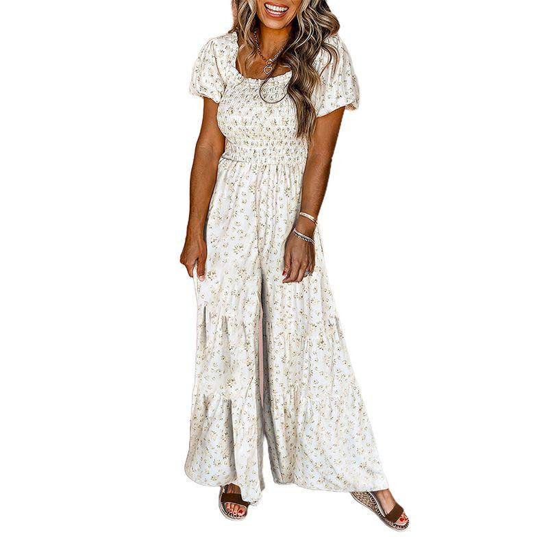 

Summer New Arrival Florals Print Puff Sleeves Jumpsuit Women 2025 Fashion Fashion Smocking High Waist Wide Leg Pants Women White XL code fits (70.00 kg-75.00 kg