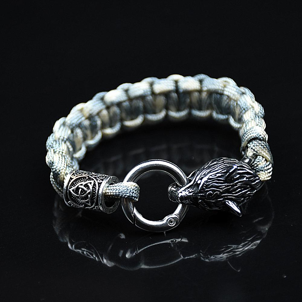 Stainless Steel Wolf Bracelets Men Norse Vikings Runes Paracord Rope Bangle Jewelry for Men