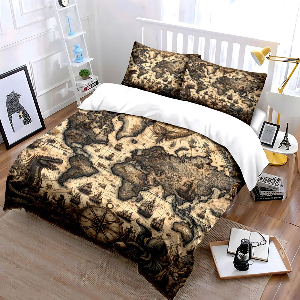 Vintage Nautical World Map Bedding Duvet Cover Set Duvet Cover Pillowcases  (1*Duvet Cover 2*Pillowcases, Without Duvet Insert)